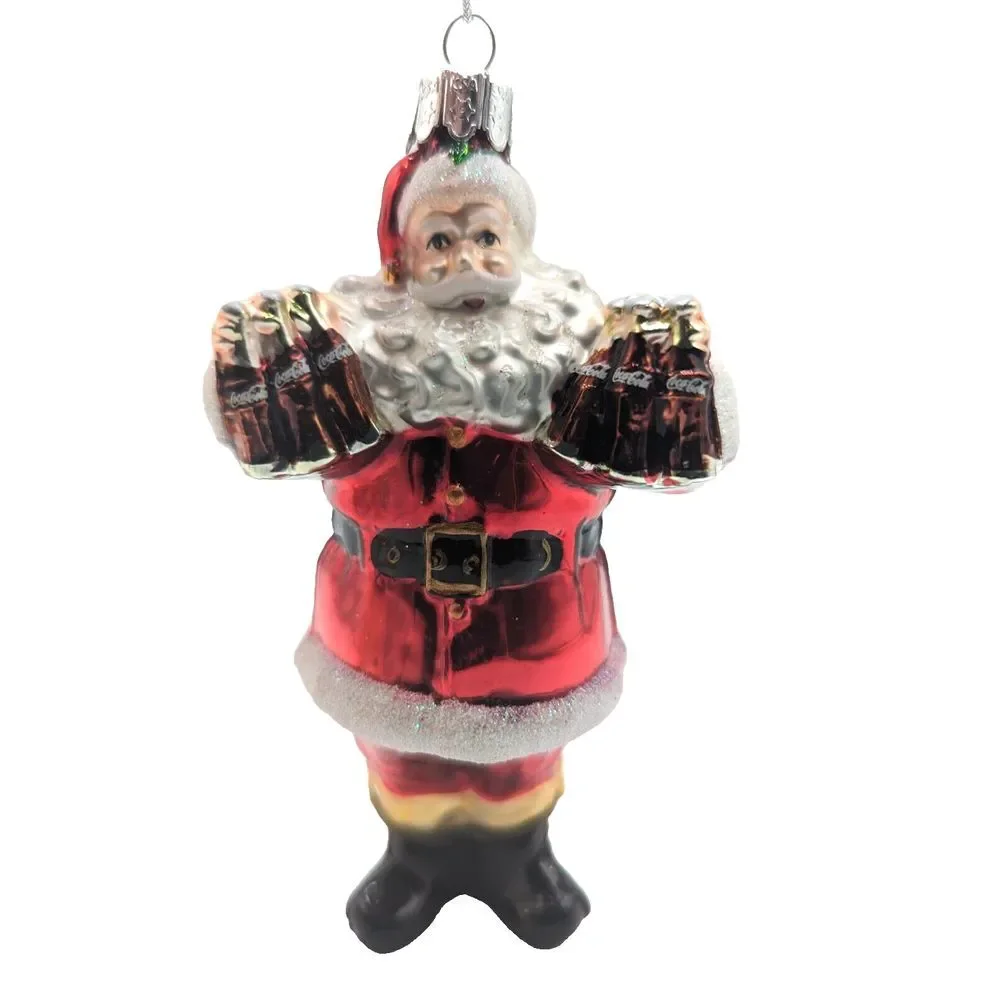 Coca-Cola Kurt Adler Glass Santa Holding 6-Packs Holiday Christmas Ornament